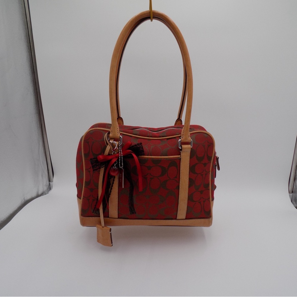 Coach Signature Satchel Handbag Red Brown Leather Trim Designer Purse